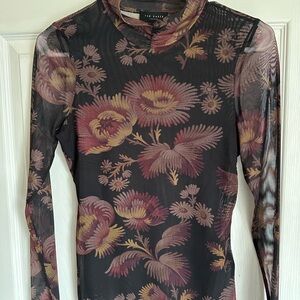 Ted Baker Sheer Black Floral Mesh Long-Sleeve Tee with Pink and Brown Blooms